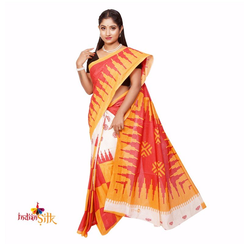 Bengal Cotton Women s Bengal Premium Fine Smooth Original Garad Silk tant  Saree Handmade Exclusive Flower with Kalka with Whole Body Design with  Blouse - Yellow and Red (Red yellow) : Amazon.in: